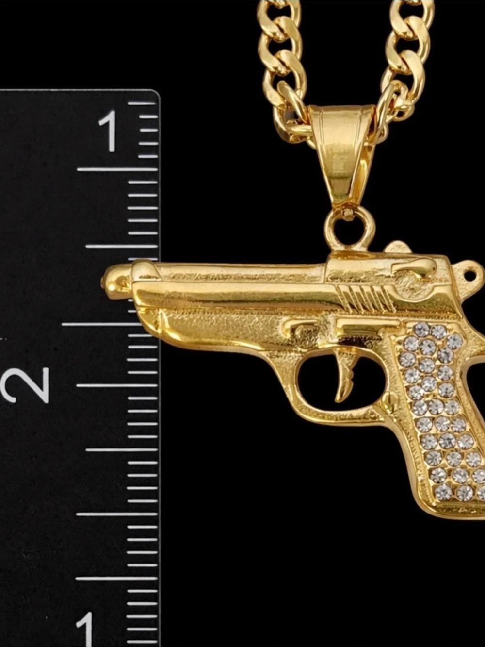 Gold Gun Pendant Necklace - Men's Statement Chain 22” Chain~ Zirconia Stones 💛🖤💛
